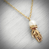 9ct Solid Gold Tiny Hand Necklace with AAA Akoya Pearl
